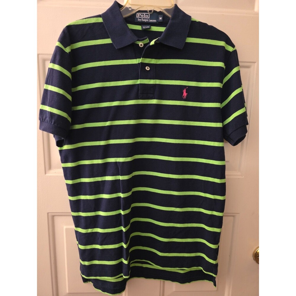 Polo Ralph Lauren Polo Shirt Mens Med Blue Green Striped 100% Cotton